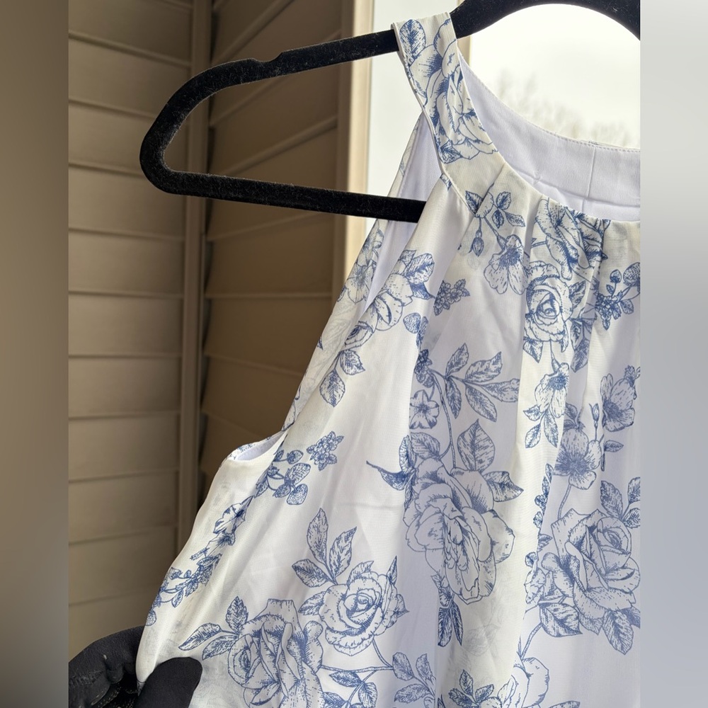 🆕✨Signature byRobbieBee Blue Floral Tiered Midi Dress Size 6 White Chinoiserie - Picture 10 of 15